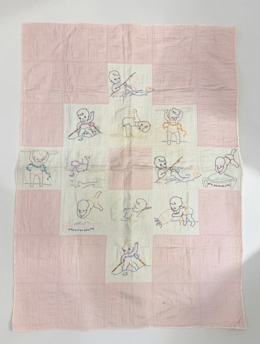 Vintage Antique Baby Quilt Child Activities Fishing Spoon Embroidered 42”x 32”